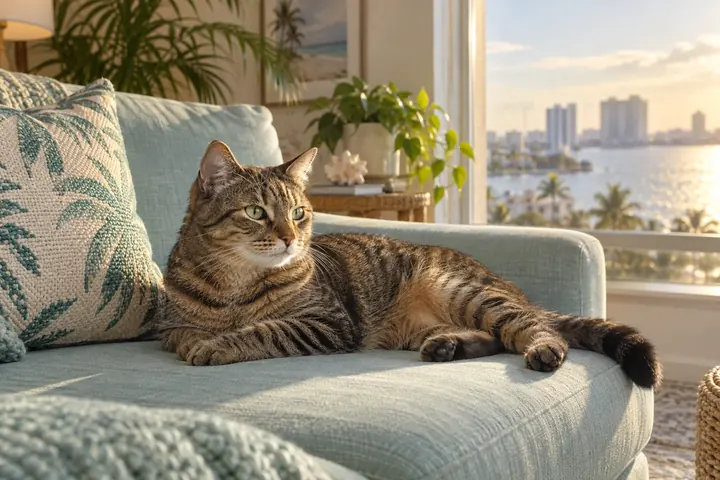 A tabby cat resting on an aqua sofa beside a sunlit apartment window