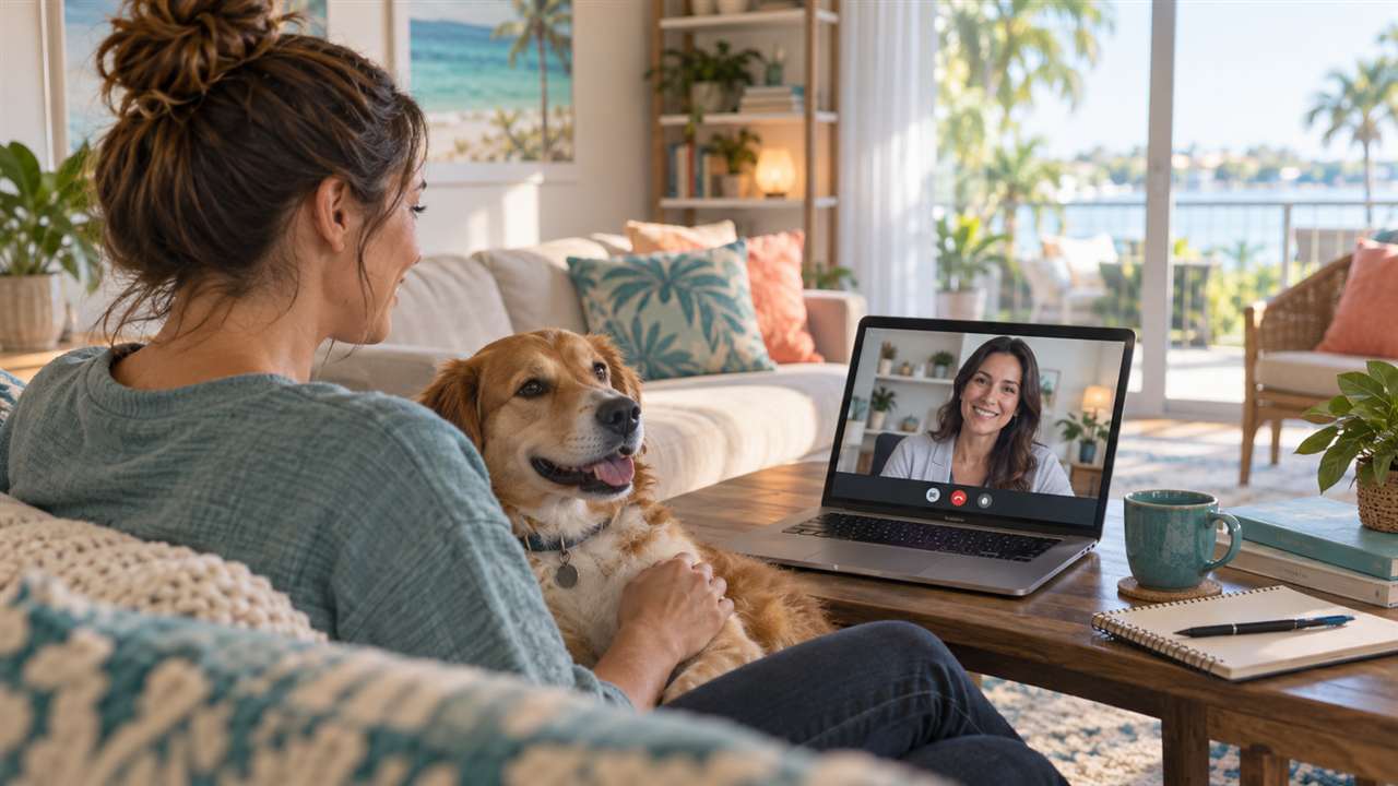 A resident with a dog during a virtual consultation at home.