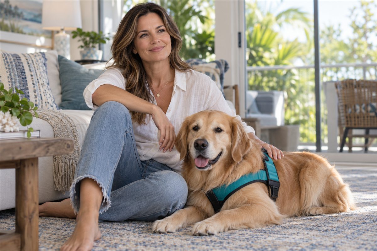 A Florida resident speaking with a Florida-licensed therapist by telehealth with her dog beside her