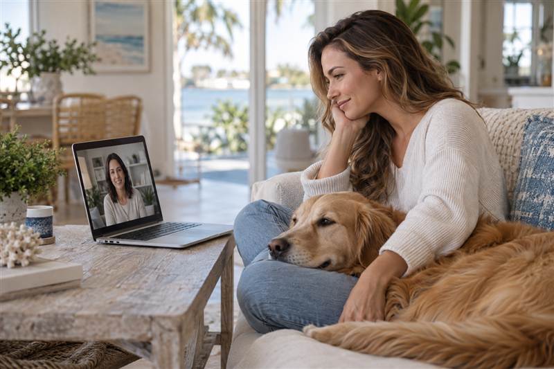 A dog resting beside its owner at home.